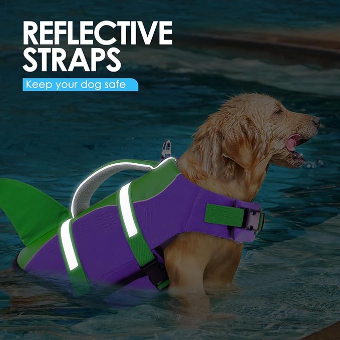 AOFITEE Dog Life Jacket, Dog Life Vest for Swimming, Shark Dogs Swimming Vest with Rescue Handle and Reflective Stripe, Ripstop Pet Float Coat Swimsuit Lifesaver Small Medium Large Dogs Green XS