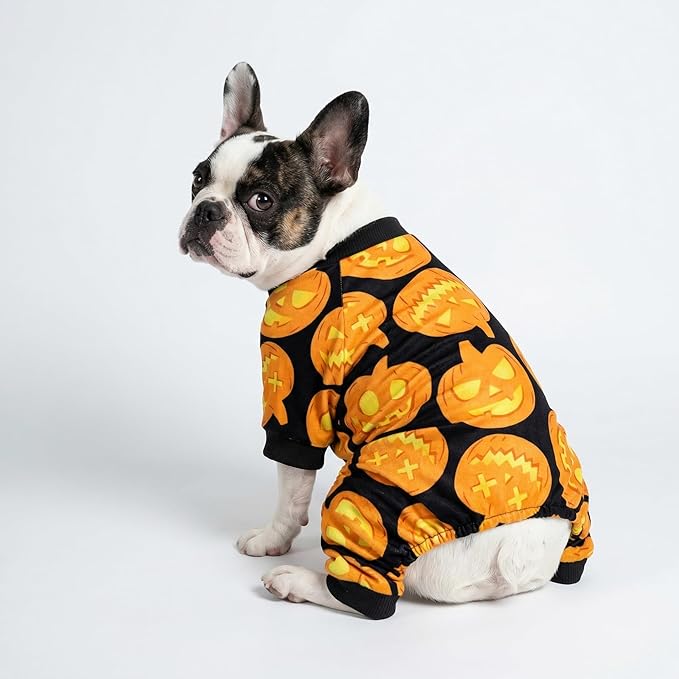 Fitwarm Halloween Pumpkin Dog Pajamas, Funny Dog Winter Clothes for Small Dogs Girl Boy, Pet Jumpsuit, Cat Halloween Costumes with Feet, Lightweight Velvet, Black, Orange, Large