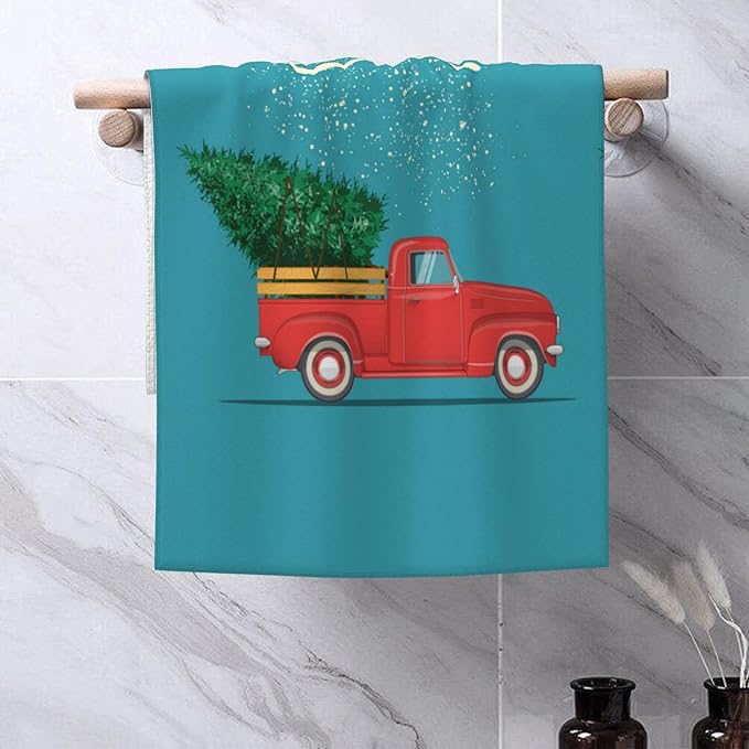 Bath Hand Towels Set of 2 Retro Red Truck with Christmas Tree Towels for Bathroom Soft Absorbent Decorative Hand Towel for Kitchen Sports Gym Yoga Home Decor 14 x 28 in