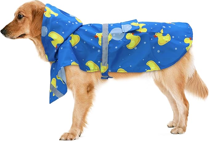 DELIFUR Large Dog Raincoat- Waterproof Dog Rain Poncho Adjustable Double Layer Rain Jacket with Hood for Medium Large Dogs Designed with Leash Hole Reflective Strip and Ducks (Blue Duck, XX-Large)