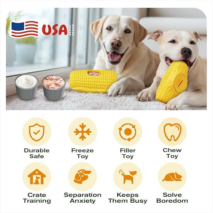 KADTC Large Size 3-in-1 Durable Corn Dog Enrichment Toy - Long-Lasting Fillable & Frozen Lick Toy - No-Transfer Freeze & Play - Ultimate Boredom Buster & Tough Chew Toys for Large Dogs - BPA-Free,Safe