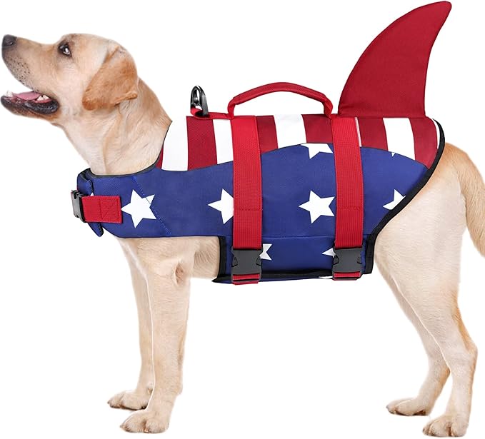 Malier Dog Life Jacket, Ripstop American Flag Vest for Swimming Boating, Puppy Shark Jacket with High Buoyancy Swimsuit Small Medium and Large Dogs (Large, Red & Dark Blue)
