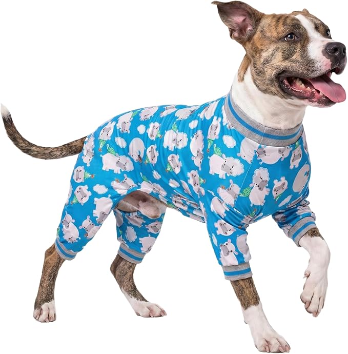 LovinPet Long Sleeve Dog Pajamas, Dog Onesie Large Breed, Pitbull Onesie, Slim Fit, Lightweight Pullover, Full Coverage Dog Pjs, Happy Hippo Blue Print, L
