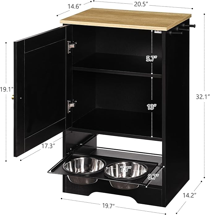 Pet Feeder Station Dog Feeding Station Dog Food Toy Storage Cabinet Storage Container with 2 Pull Out Bowls, Adjustable Panel, Side Hooks, Rattan Door, Black (20.5" Lx14.6 Wx32.1 H)