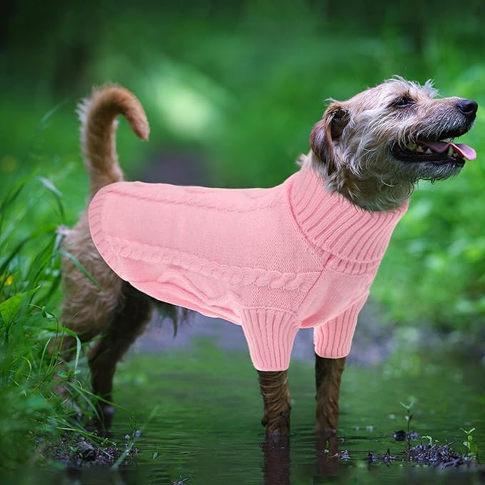 Queenmore Small Dog Pullover Sweater, Cold Weather Cable Knitwear, Classic Turtleneck Thick Warm Clothes for Chihuahua, Bulldog, Dachshund, Pug, Yorkie (Pink, X-Large)