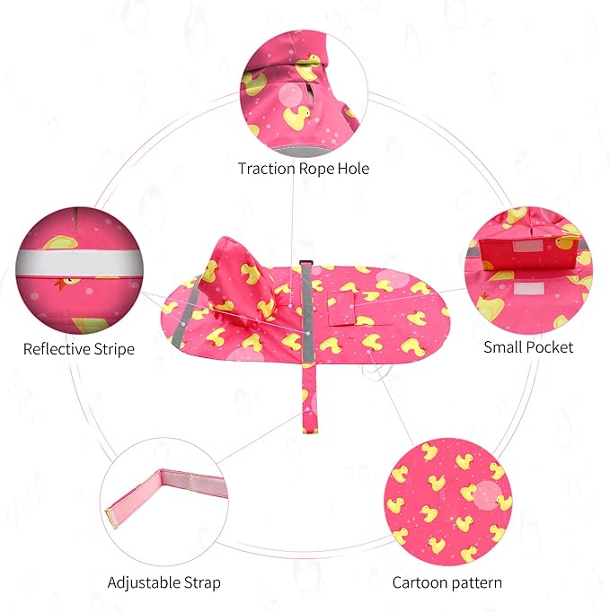 NACOCO Large Dog Raincoat Adjustable - Pet Rubber Ducks Yellow Water Proof Clothes Lightweight Rain Jacket Poncho Hoodies with Strip Reflective Pink (Pink L, Yellow Duck)