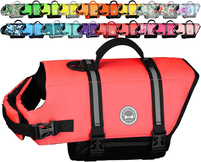 VIVAGLORY Rip Stop Dog Life Vest, Swimming Vest with Handle, Buoyancy for Doggy Puppy, Dog Life Jacket for Swimming & Boating, S, Bright Pink