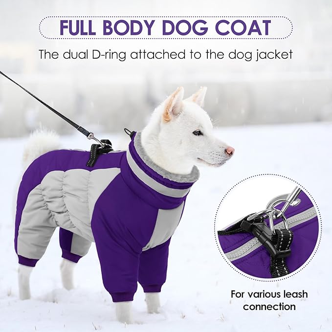 SUNFURA Full Body Dog Coat - Warm Fleece Jacket for Large Dogs, Turtleneck Winter Coats with Harness, Reflective Dog Snowsuit Windproof Puffer Jackets with Legs for French Bulldog, Purple L
