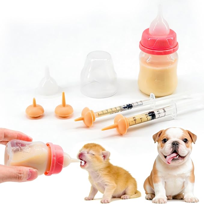 Pet Feeding Bottle and Syringe Set for Puppies and Kittens(1 Bottles,2 Syringes,6 Nipples), Pink