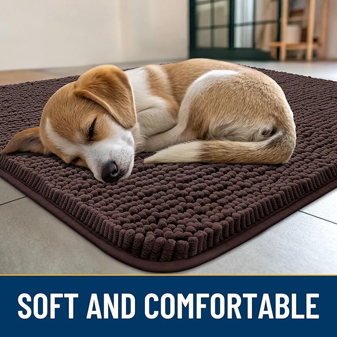 Smiry Dog Door Mat for Muddy Paws 40x24, Absorbs Moisture and Dirt Doormat, Non-Slip Washable Quick Dry Chenille Front Door Mat Indoor Entrance, Entryway Carpet for Inside Floor, Brown