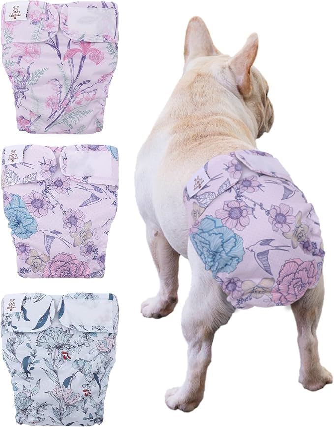 CuteBone Washable Dog Diapers Female No Tail Hole 3 Pack Reusable Doggie Period Training Pants for Docked-Tail Frenchie French Bulldog Boston Terrier Without Tail WWD16L