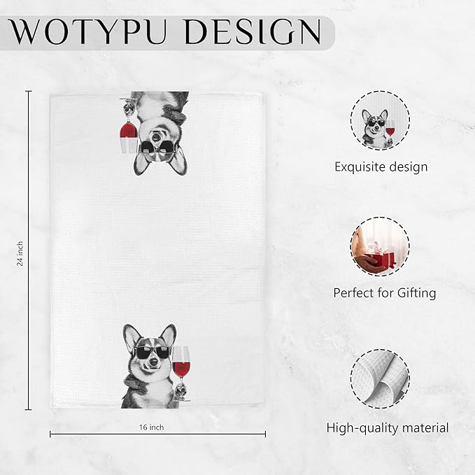 Funny Corgi Kitchen Bar Towels, Corgi Gifts for Corgis Lovers, Wine Beer Lovers Gifts Decorative Hand Towels for Kitchen Bar Cart Decor, 16x24 Inch Set of 2