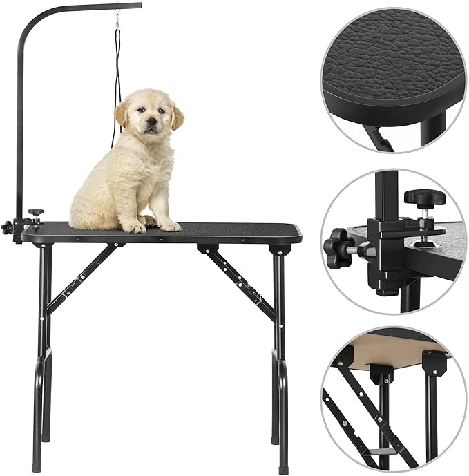Yaheetech 32-inch Foldable Pet Dog Grooming Table with Adjustable Height Arm Drying Table for Home w/Noose for Small Dogs Cats Non-Slip Maximum Capacity Up to 220lbs Black