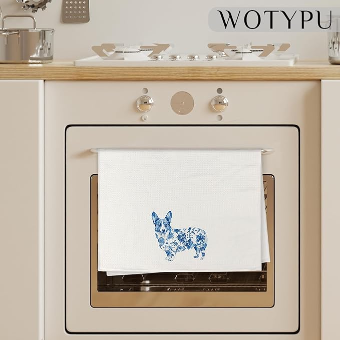 Blue and White Chinoiserie Corgi Kitchen Towels, Corgi Gifts for Women Mom Dish Tea Towels, Dog Lover Gifts Decorative Hand Towel for Bathroom, 16x24 Inch