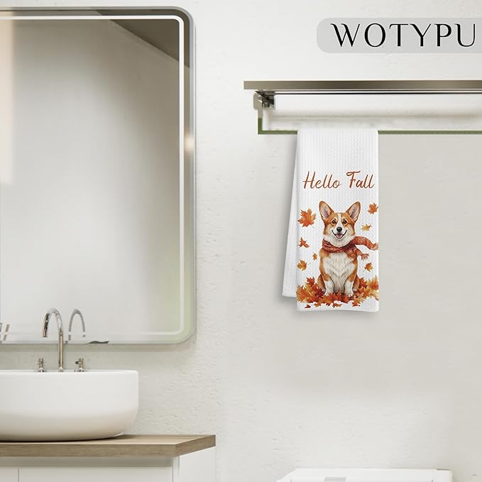 Fall Corgi Kitchen Towels, Corgi Lover Gifts Dish Tea Towel for Kitchen Decor, Farmhouse Fall Autumn Maple Leaf Dog Hand Towels for Bathroom Decor,16X24 Inch