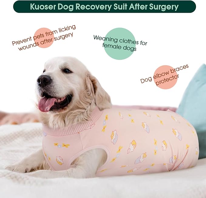 Kuoser Dog Recovery Suit, Anti Licking Dogs Rear Leg Sleeve, Abdominal Dog Surgical Suit with Pants Cover Protect Wounds, Dogs Elbow Protector Soft Pet Surgery Onesie Cone Alternative, PinkCake XL