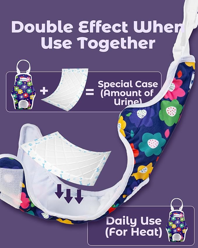 Pet Soft Dog Diapers Female Onesie Sanitary Pantie with Adjustable Suspender, Colorful Pattern Washable Puppy Diapers Female, Super Absorbent Underwear Dog Diaper for Heat (Floral, M)