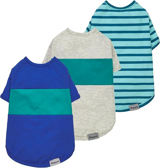 Fitwarm 3 Pack Color Block Striped Dog Shirt, Summer Dog Clothes for Small Dogs, Breathable Lightweight Pet Tshirt with Sleeves, Cat Outfit, Royal Blue, Gray, Teal, XS