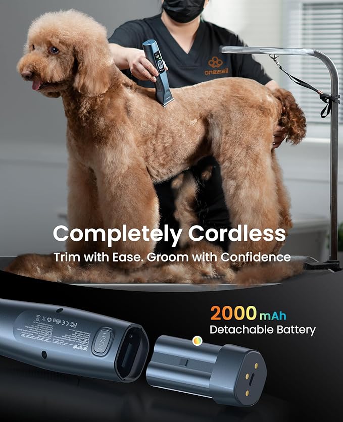 oneisall Cordless Professional Dog Grooming Clippers, 2-Speed Dog Clippers for Grooming Heavy Duty/Thick Hair, Detachable Carbonized Steel Blade Metal Combs, Removable Battery(Blue)