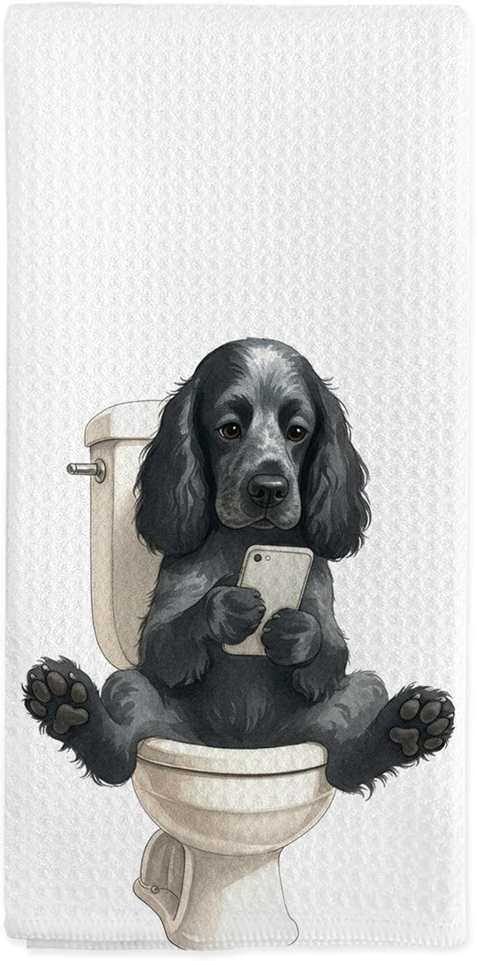 Black Cocker Spaniel Dog Hand Towels for Bathroom Decor, Funny Dog Lover Gifts Dish Tea Towels, Cocker Spaniel Gifts Looking at Phone Hand Towel for Toilet Kitchen Washroom Decor, 16x24 Inch