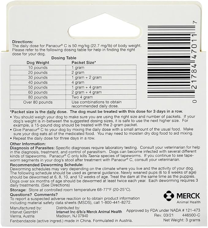 Panacur C Canine Dewormer Treatment Three 1-Gram Packets, Each Packet Treats 10 lbs