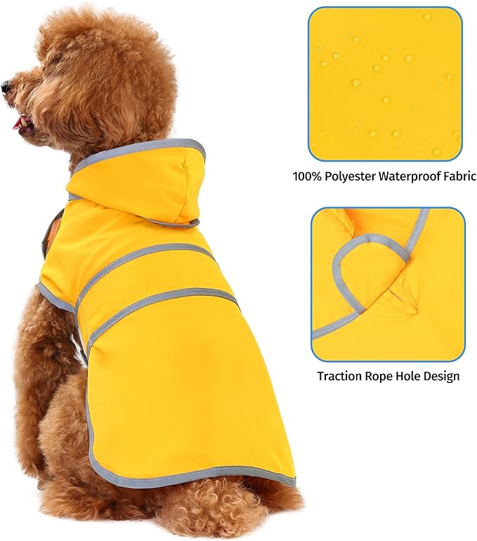 Dog Raincoat for Small Dogs Puppies Waterproof Jacket Hooded Rain Coats with Reflective Strips Leash Hole & Poncho Adjustable Fit (Yellow,XS)