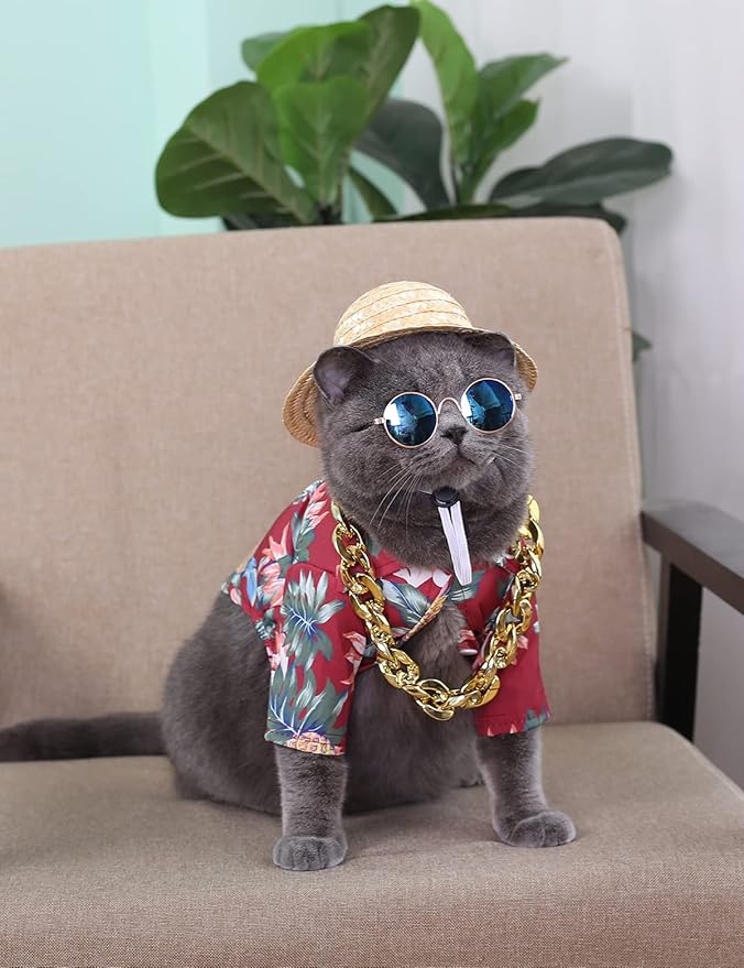 Hawaiian Dog T Shirts Pet Summer Clothes Cat Sunglasses Funny Straw Hat Kitten Costumes with Gold Chain Collar (Medium,Red)