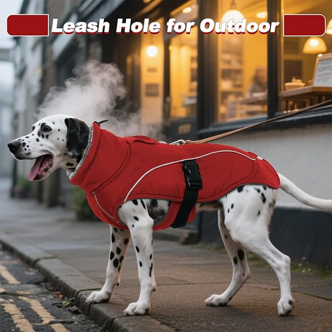 DENTRUN Winter Warm Dog Coat Reflective Jacket with Turtleneck for Cold Weather, Adjustable Buckle Windproof Water Repellent, Thick Snowsuit Fleece Vest for Small, Medium, Large Dogs, Red, XXXL