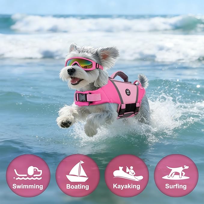 EMUST Dog Life Vests for Swimming, Adjustable Dog Life Jackets for Small Dogs with Hook & Loop, Reflective Dog Swim Vest with Quick-Release Buckles for Bulldogs, Dachshunds, Corgis, Pink, S