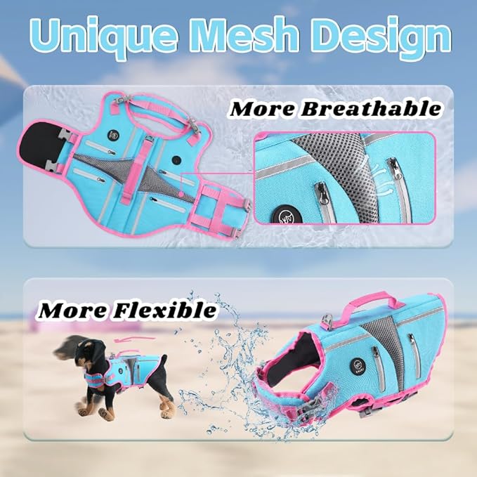 EMUST Dog Life Jacket, Small Dog Swimming Vest with Breathable Mesh, High Visibility Pet Safety Vest for Small Medium Large Dogs, PFD for Small Medium Large Dogs, Blue, S