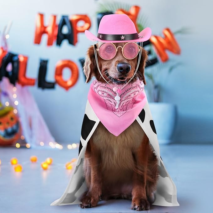 4 Pcs Halloween Dog Costumes Pet Cowboy Costume Cowgirl Hat with Bandana, Puppy Cape and Hip Hop Glasses for Halloween Dog Cat Puppy Kitten Cosplay Accessories(Medium)