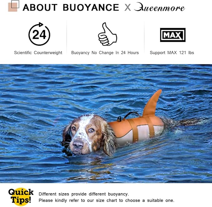 Queenmore Dog Life Jacket,Dog Life Vest for Swimming,Dog Shark Life Jacket with Rescue Handle,Adjustable Reflective Dog Life Preserver for Medium Dog,Brown M
