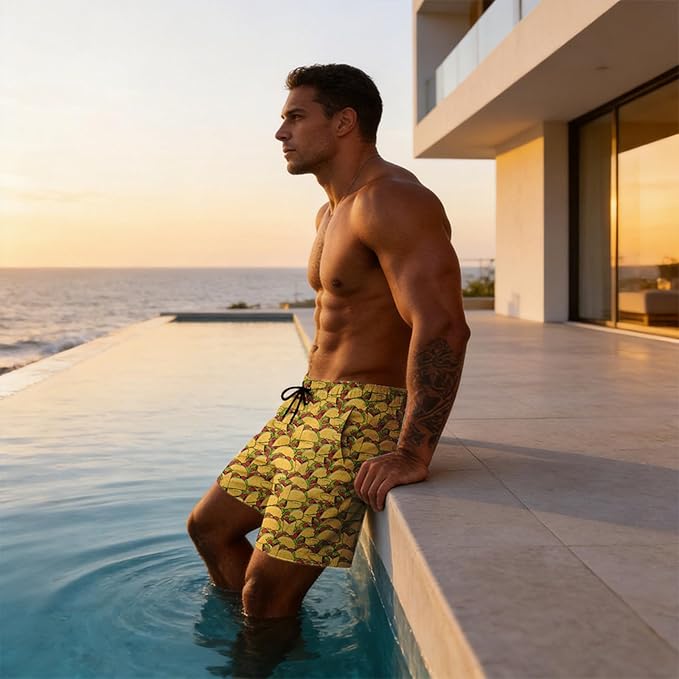 Mens Swim Trunks with Compression Liner Quick Dry Zipper Pocket Bathing