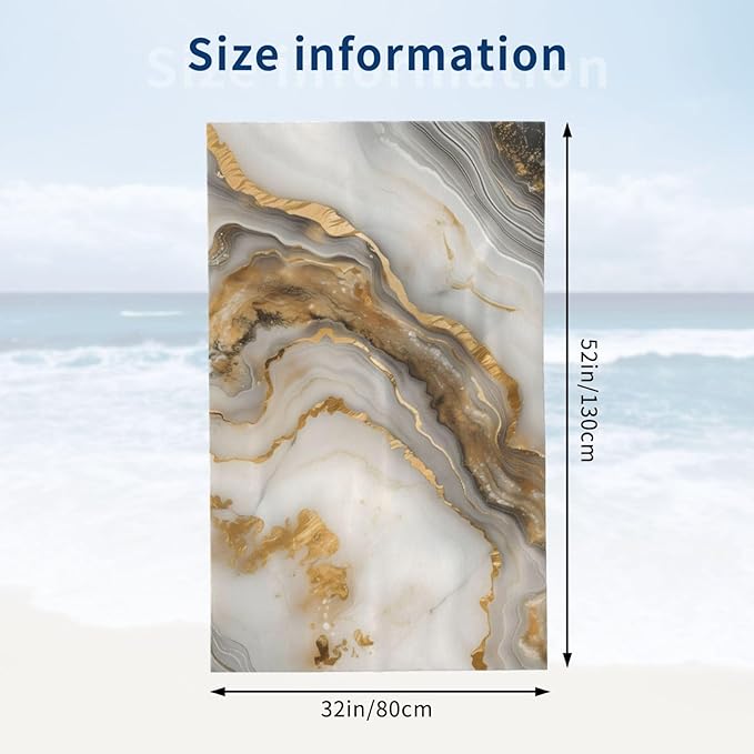 Gold Marble Beach Towel - Art Style - 32inx52in - 100% Cotton - Quick Dry - Absorbent - Lightweight - Sand-Free - Perfect for Beach, Pool & Bath