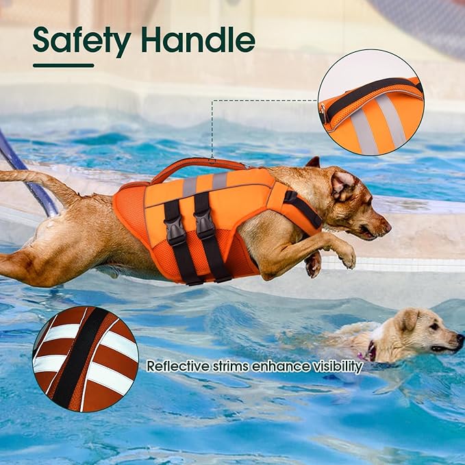 Kuoser Dog Life Jacket Large, High Flotation Puppy Safety Vest for Swimming Boating, Reflective Water Vest Pet Life Preserver with Rescue Handle, Orange L