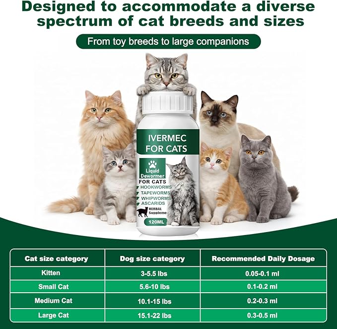 Cat Dewormer Liquid,Dewormer for Cats Broad Spectrum for Tapeworms, Roundworms & Hookworms, Promotes Digestive Comfort & Daily Balance