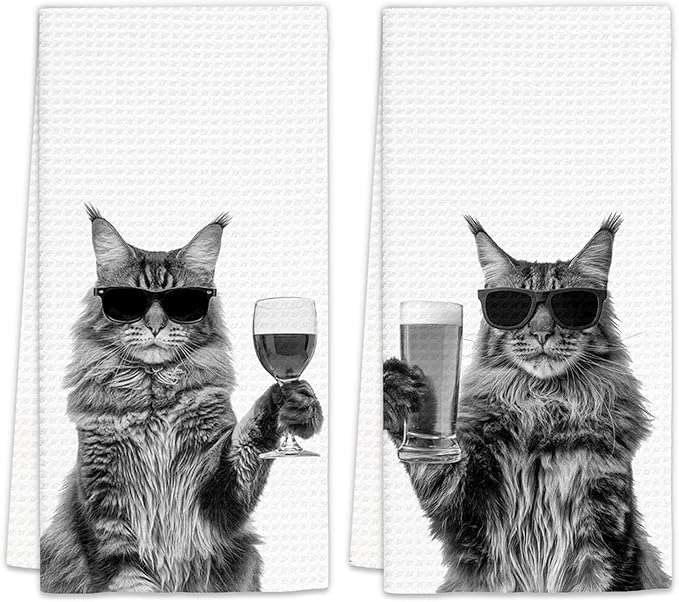 Maine Coon Gifts Wine Kitchen Towels Set of 2, Funny Maine Coon Cat Wine Lover Decorative Hand Dish Towel for Kitchen Home Bar, Gift for MaineCoon Cat Beer Lovers Home Bar Decor(16x24Inch)