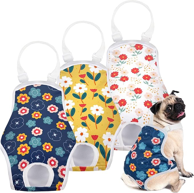 MICOOYO Dog Diaper Onesie Sanitary Pantie with Adjustable Suspender Washable Dog Period Panties Doggie Diapers Pet Underwear Female Dogs Diapers for Heat (Floral, M/L)