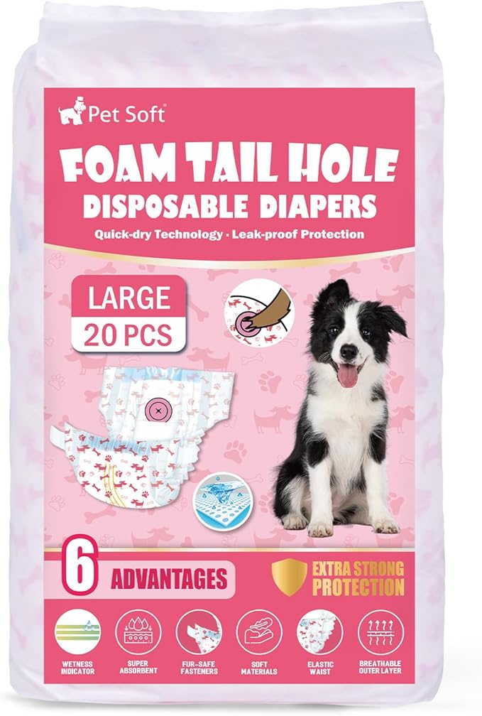 Pet Soft Disposable Dog Diapers - Female Dog Diapers with Adjustable Foam Tail Hole, Ultra Protection Puppy & Cat Diapers Wetness Indicator for Dogs in Heat or Incontinence, 20pcs (L,Red)