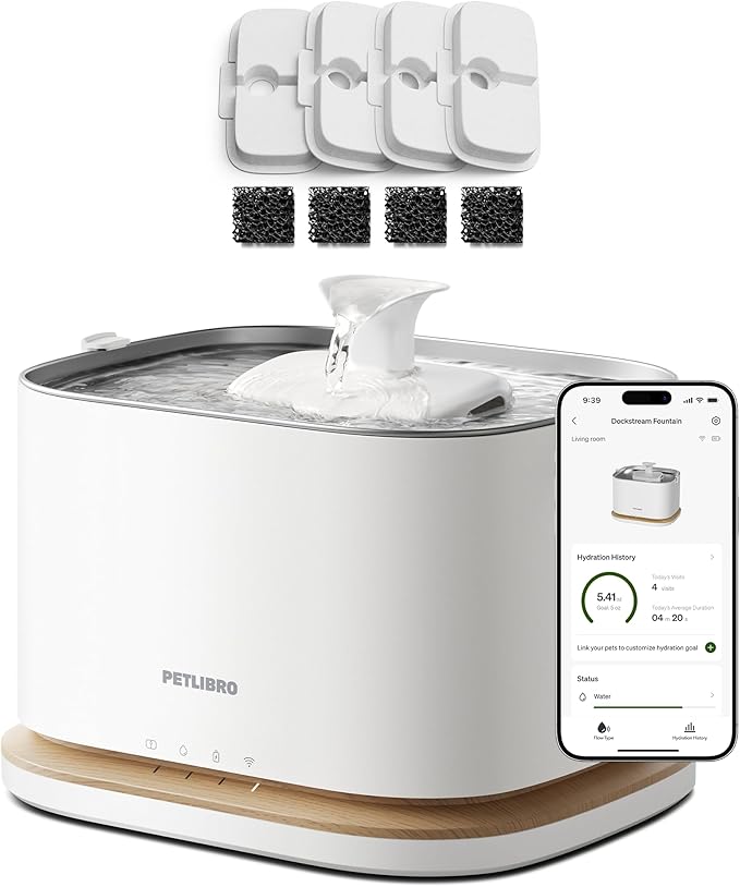 Bundle of PETLIBRO Upgrade Cat Water Fountain with 4 Packs Replacement Filters, App Monitoring 3L/101oz Dockstream 2 Pet Water Fountain with Stainless Steel Tray, 5GHz WiFi Dog Water Bowl Dispenser