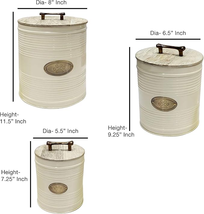 nu steel metal Ribbed Ivory 3 Pc set Jumbo Pet Canister with Golden PAW Plaque, Dog Food Treat Storage Container Jar with wooden Lid with sturdy bone handle, Tight Fitting Lids for Dog Biscuit Cookies