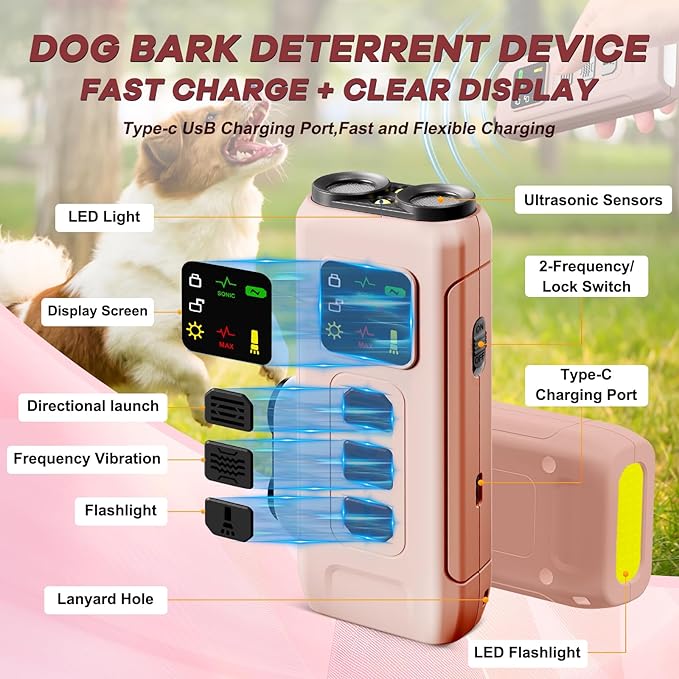 Ultrasonic Dog Bark Deterrent & Anti-Barking Training Device, 3 Modes to Stop Dog Barking, Handheld Tool, Safe, Rechargeable, Compact and Portable, Suitable for Indoor/Outdoor Use(Pink)