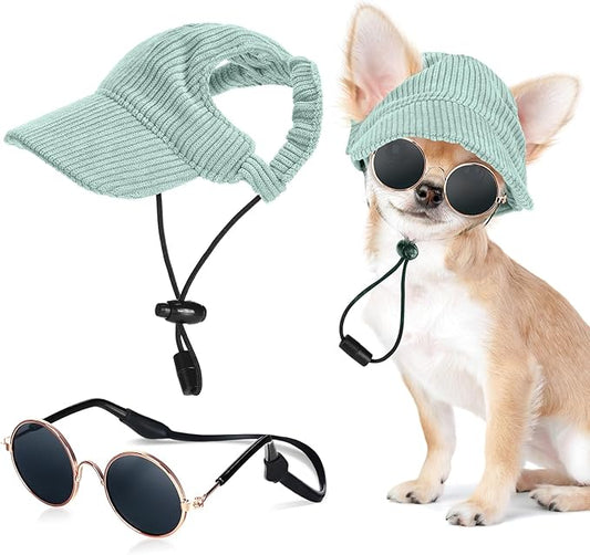 Jadive Small Dog Sun Hat with Ear Holes, Dog Cat Sunglasses with Anti-Slip Silicone Rope Baseball Cap Adjustable Puppy Sunbonnet Headdress Beach Visor Hat for Puppies Summer Outdoor(Green)