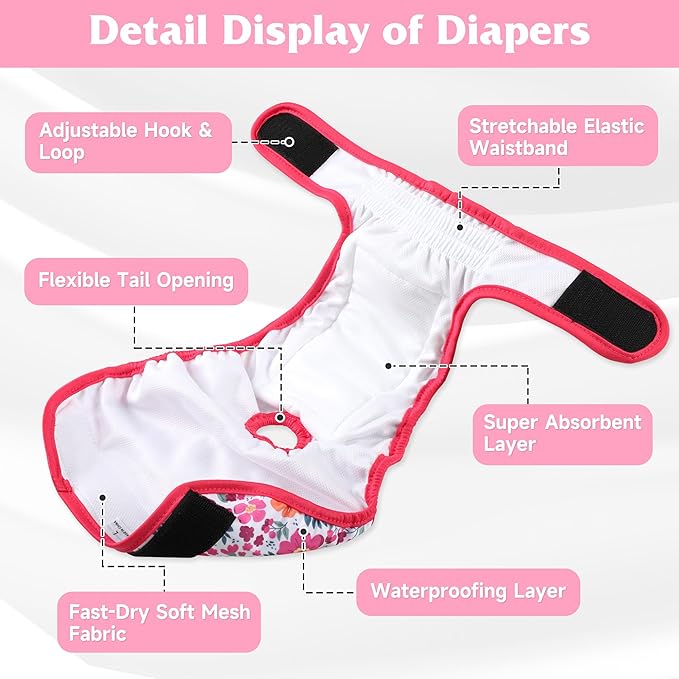 4 Pack Reusable Female Dog Diaper, Highly Absorbent Doggie Diapers for Female Dogs, Dog Diaper XX-Large, Flowers