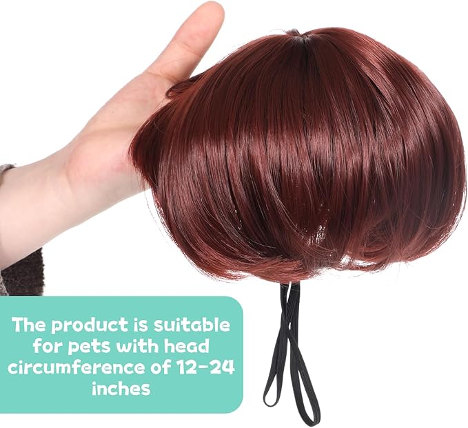 Dog Wigs for Small Dogs, Funny Dog Wig Pet Costume Pet Hair Accessories Elastic Cat Dogs Cosplay Wig Decoration for Halloween, Christmas, Parties（Reddish-Brown, 7 Inches）