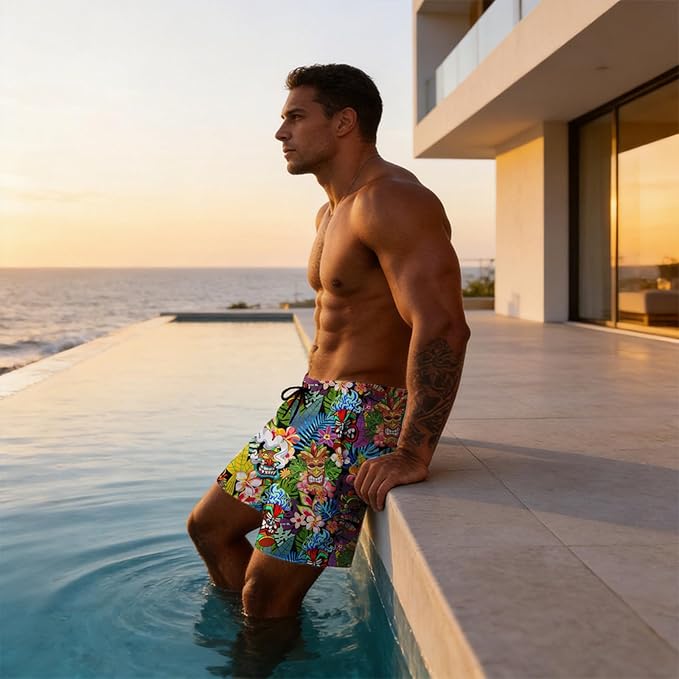 Mens Swim Trunks with Compression Liner Quick Dry Zipper Pocket Bathing