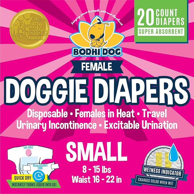 Bodhi Dog Disposable Female Dog Diapers - Super Absorbent Dog Diapers for Female Heat Cycle - Adjustable Fit Pee Wraps for Potty Training, Moisture Control & Wetness Indicator - Extra Small (20 Count)