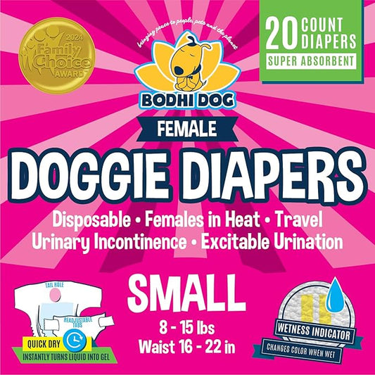Bodhi Dog Disposable Female Dog Diapers - Super Absorbent Dog Diapers for Female Heat Cycle - Adjustable Fit Pee Wraps for Potty Training, Moisture Control & Wetness Indicator - Extra Small (20 Count)