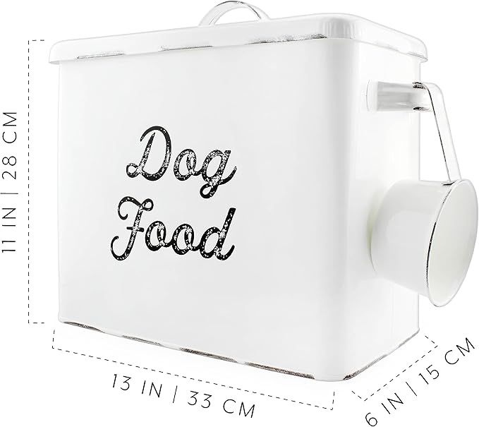 AuldHome Design Rustic Dog Food Canister, White Farmhouse Style Storage Bin for Small Dogs