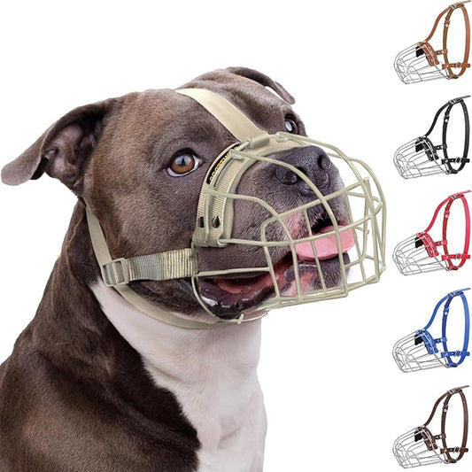 BRONZEDOG Pitbull Dog Muzzle Breathable Metal Basket for Large Dogs Amstaff Staffordshire Terrier Biting Chewing Barking (Nylon, Gray)